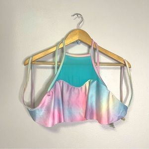 Wildfox Pastel Rainbow Halter Swim Bikini Top Ruffle Flutter Teal Pink Tie Dye